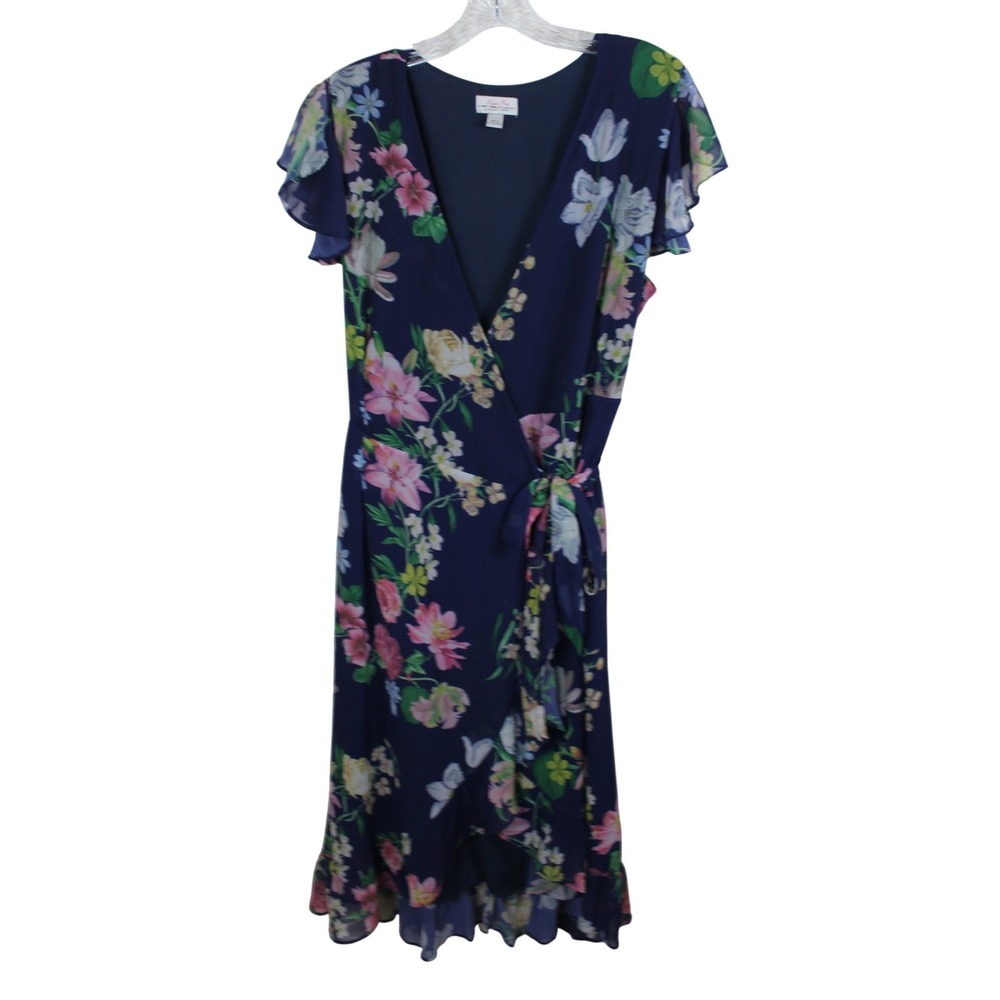 Sweet Pea New York & Company Navy Floral Wrap Dress Flutter Sleeve Ruffle Midi L